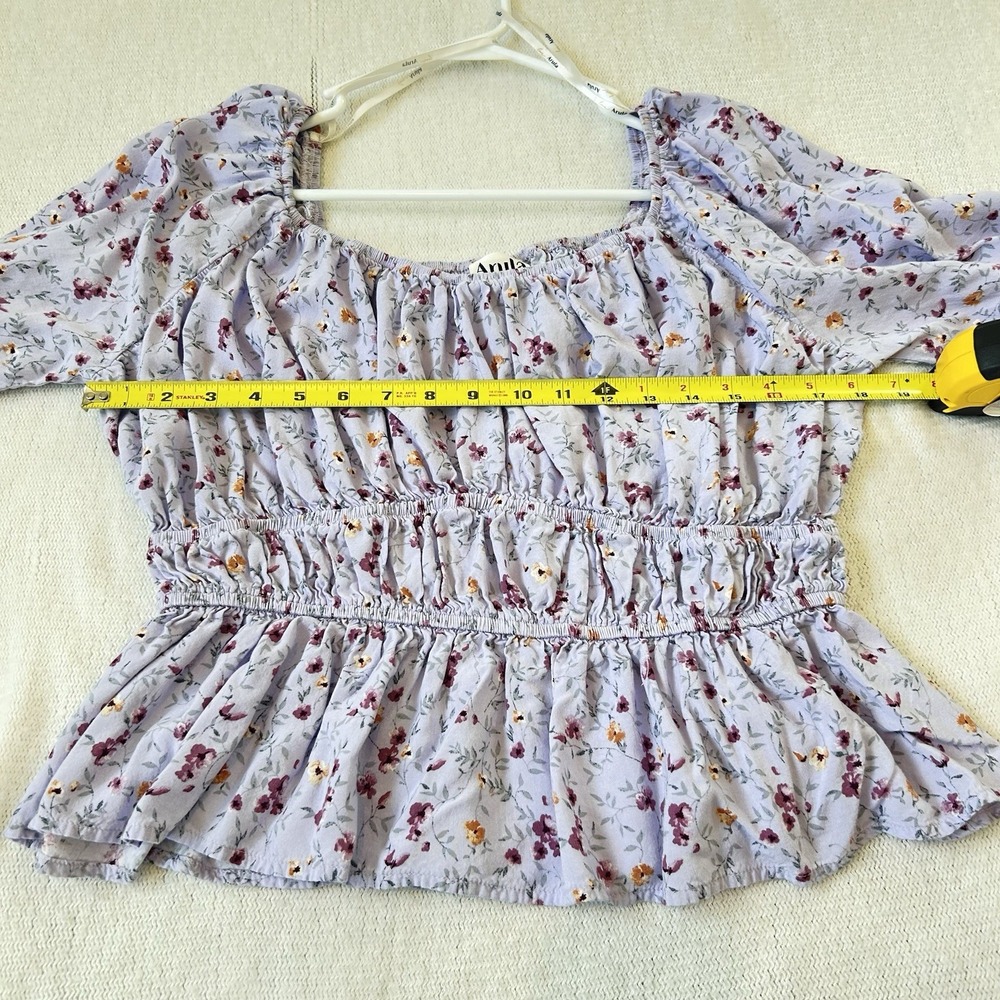 Arula Floral Purple Blouse Sz S Peasant Milkmaid Balloon Sleeve Cottagecore - Picture 9 of 10